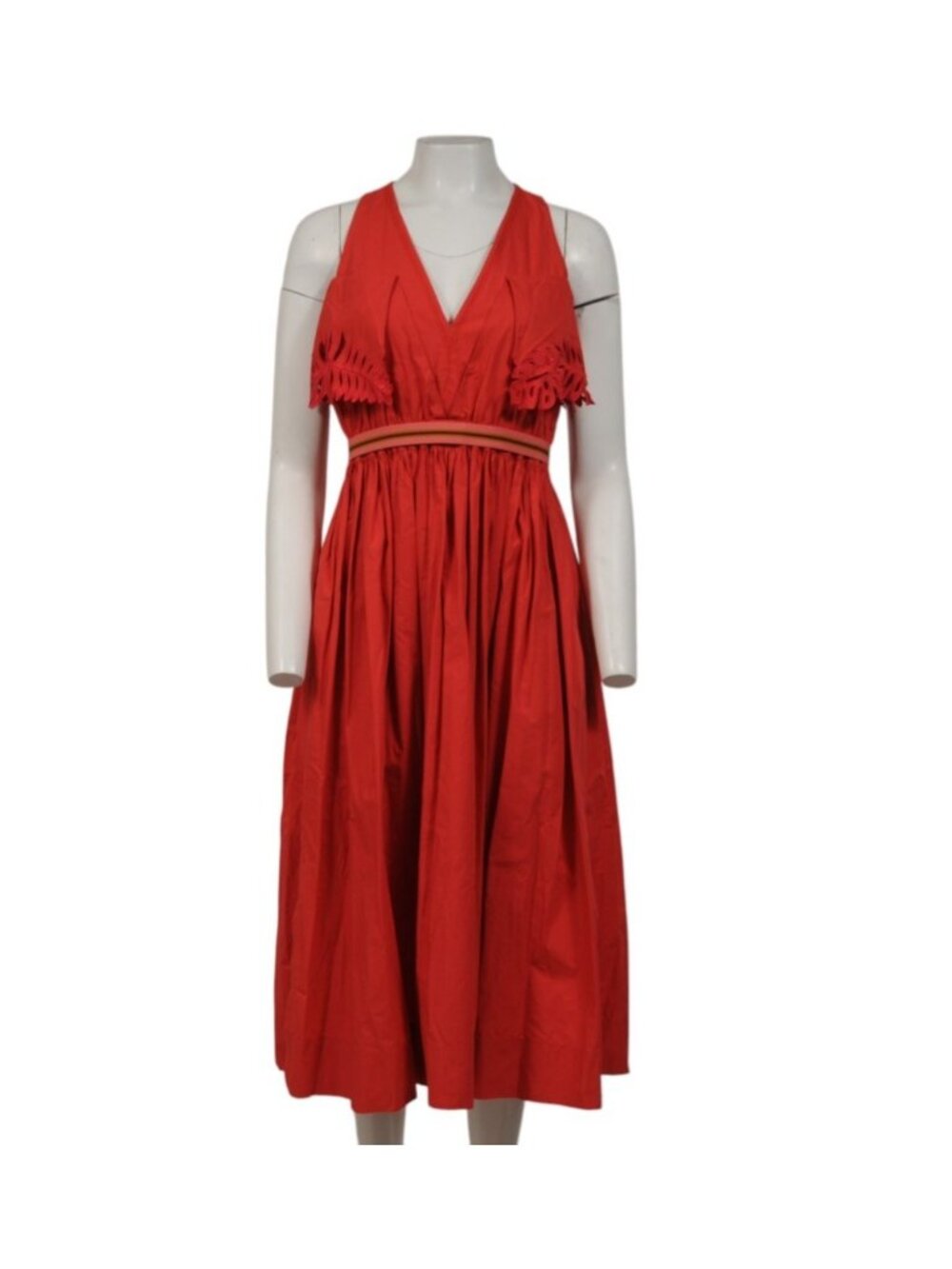 Fendi Women Cold Shoulder Floral Embroidered Midi Dress Sz US 8 IT 44 Coral Red